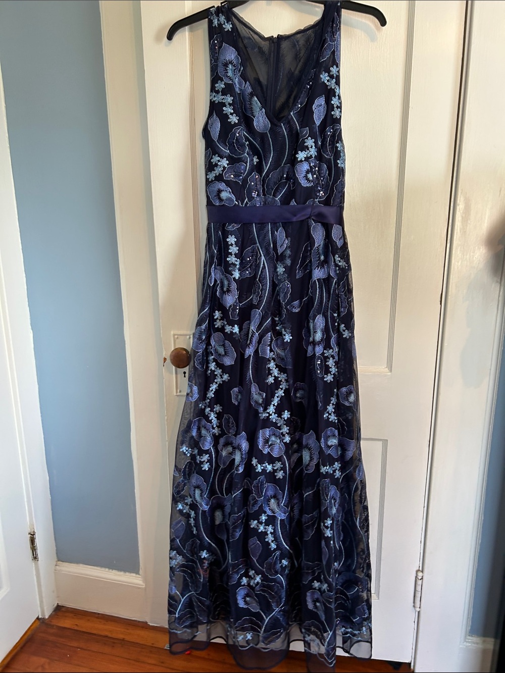 R&M Richards Navy Blue Floral Embroidered Special Occasion Maxi Dress 14W - Picture 3 of 11